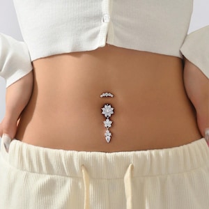 CZ Flower Dangle Belly Button Ring Crystal Navel Piercing