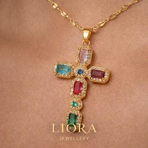 Collana con croce multicolore in oro per donna, ciondolo cristiano con pietre preziose di lusso, elegante regalo di gioielli