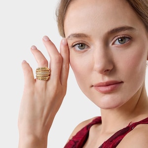 Anillo Dorado Statement Cristal Stacked Mujer Cocktail Ring