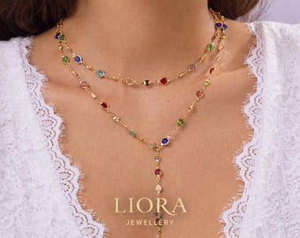 Gold Multicolor Lariat Necklace for Women, Elegant Y Chain Statement Jewelry Gift for Her