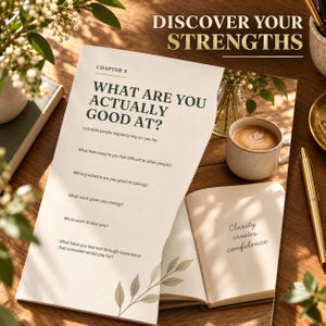 May include: A printed page titled Chapter 5 What Are You Actually Good At? with a list of self-reflection questions. Beside it lies an open notebook with the text Clarity creates confidence, a ceramic mug of coffee, and a gold pen on a wooden surface.