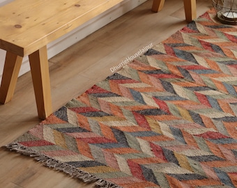Alfombra Kilim Dhurrie de lana y yute hecha a mano, diseño tradicional indio