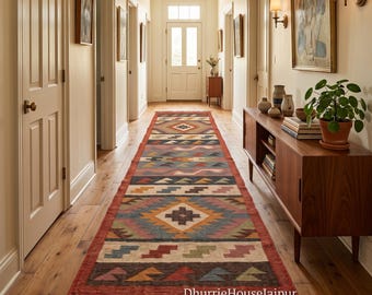 Tappeto Kilim fatto a mano per corridoio/scala, tappeto passatoia in lana e juta tessuto a mano, tappeto boho, tappeto passatoia vintage in juta, tappeto passatoia personalizzato