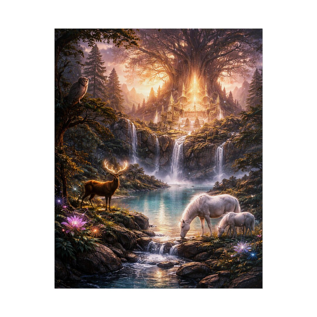 Enchanted Tree of Light Wall Art Print | Fantasy Forest Waterfall ...