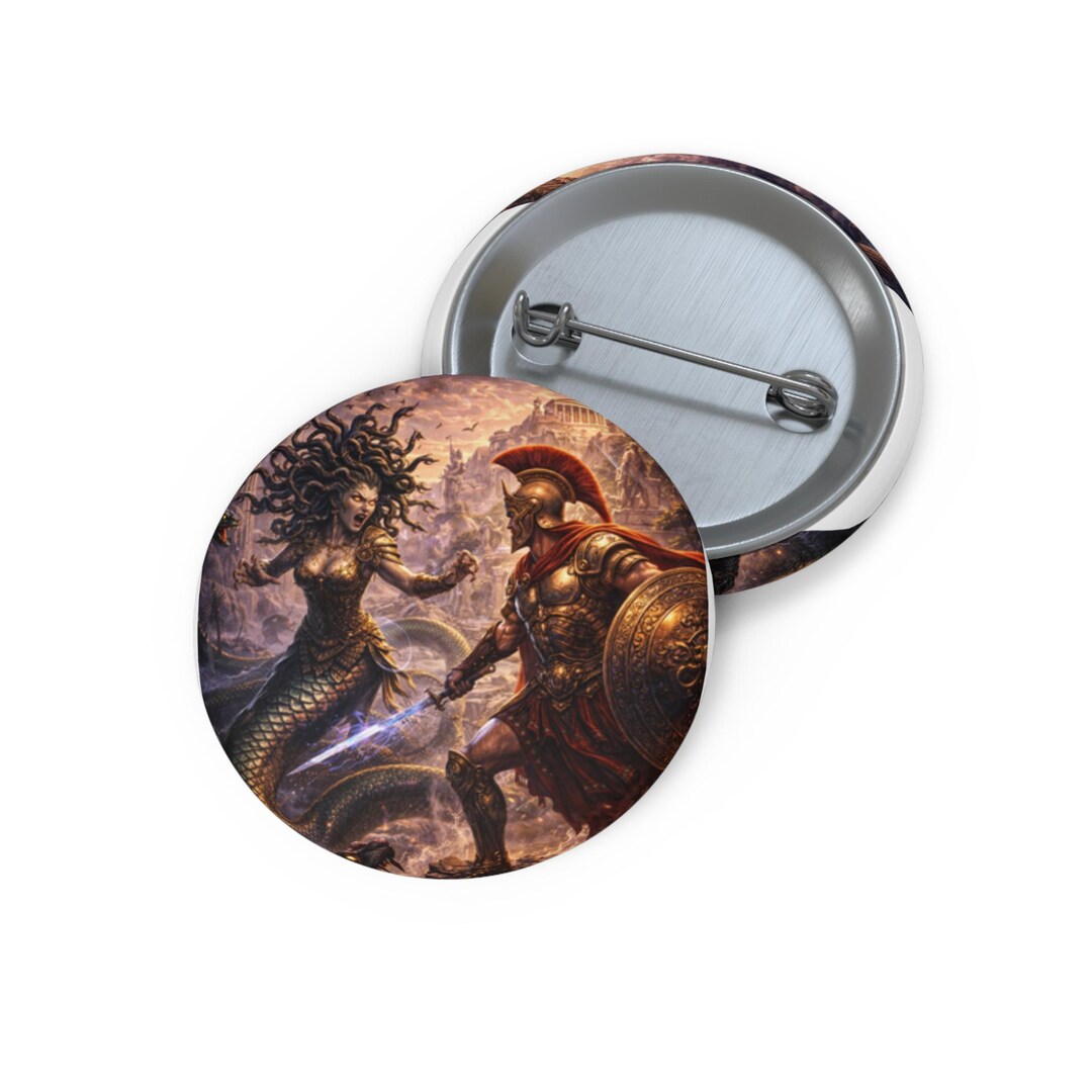 Medusa Vs Spartan Warrior Pin Button | Mythology Battle Round Badge - Etsy