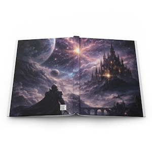 May include: Hardcover journal featuring a fantasy illustration. The artwork depicts a knight in armor gazing at a castle on a mountain, with a celestial background of planets, stars, and clouds. The journal is open, revealing the interior pages.