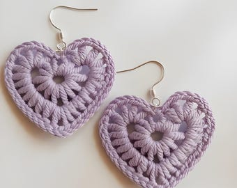 Handmade Crochet Heart Earrings | Lavender Purple Boho Earrings | Lightweight Valentine Gift Jewelry