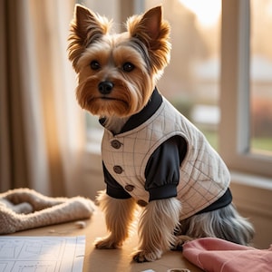 May include: A Yorkshire Terrier dog wearing a beige and black quilted vest with button closures. The dog is sitting on a table with sewing patterns, scissors, and fabric. The vest has a plaid pattern.