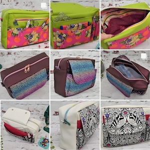 Puede incluir: Una colección de bolsas con cremallera hechas a mano en varios colores y patrones. Las bolsas presentan diseños florales, de leopardo y de pavo real. Algunas bolsas tienen múltiples bolsillos y compartimentos, ideales para organizar artículos. Las bolsas están hechas de materiales duraderos.