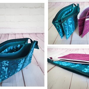 May include: Three zippered pouches in teal and magenta. The teal pouch features a blue and white pattern, while the magenta pouch has a textured finish. The pouches are open, showing internal compartments.