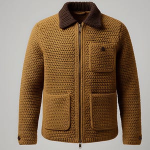 Puede incluir: Chaqueta de ganchillo amarillo mostaza con cuello marrón y cierre de cremallera. La chaqueta tiene dos bolsillos en el pecho y dos bolsillos inferiores, con botones marrones en los puños. Una prenda de abrigo elegante y texturizada.