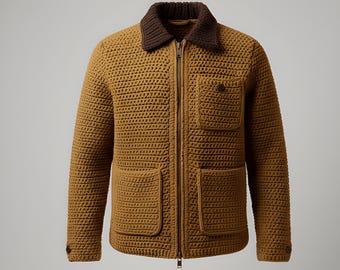 Patrón de chaqueta de trabajo de crochet para hombre / Abrigo texturizado con cremallera (descarga digital)