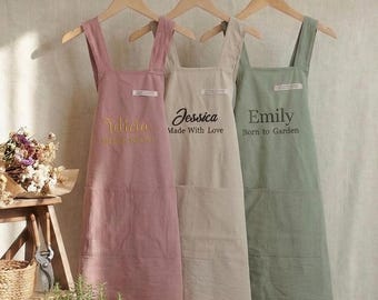Embroidered Cotton Cross Back Apron with Pockets | Custom Japanese Pinafore for Women | Farmhouse Garden Florist | Unique Gift for Mom