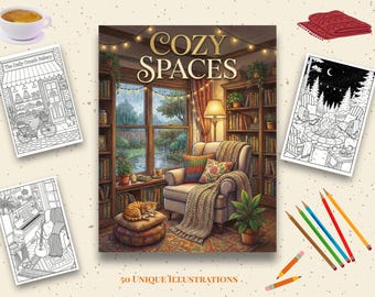 Cosy Spaces Kleurboek Volwassenen | 50 ontspannende interieurs en hygge-scènes | Afdrukbare pdf | Directe download van kunst voor stressverlichting