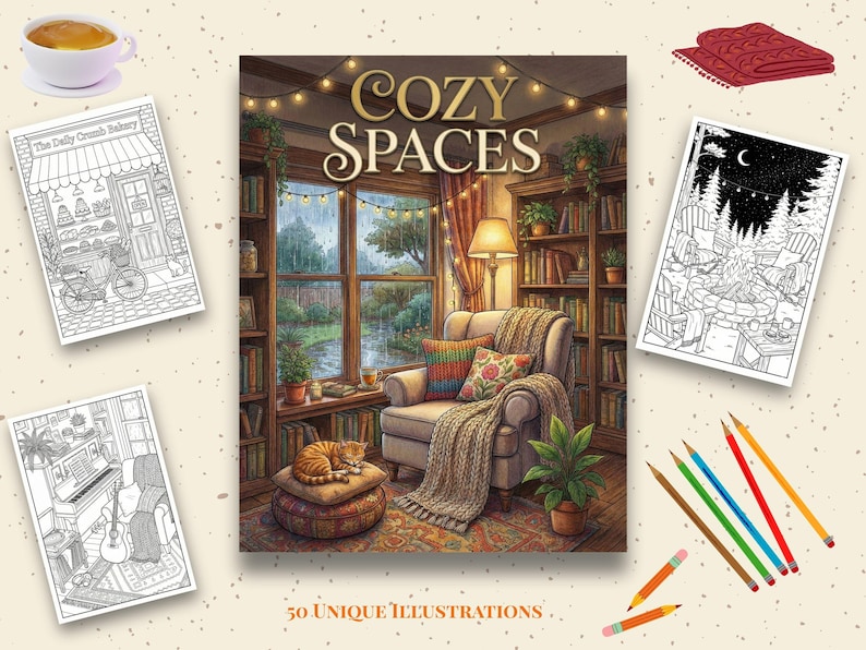 Cozy Spaces Coloring Book Adults | 50 Relaxing Interiors & Hygge Scenes ...