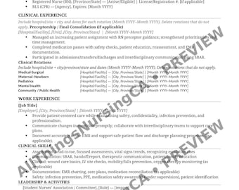 May include: A resume template for a Registered Nurse (RN), featuring sections for education, licensure, clinical experience, work experience, and clinical skills. The document includes details on patient care, documentation, and safety protocols.