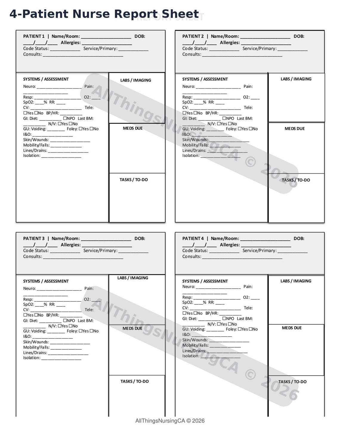 Four Patient Worksheet.pdf Nurse Report Sheet | Med Surg Brain Sheet, 4-patient (printable PDF) - Etsy