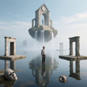 Op de afbeelding: Surreal landschap met een man in het water, zwevende stenen structuren en een klokkentoren. Een waterval stroomt van een eiland. Twee maskers drijven in het water. De scène heeft een dromerige sfeer.