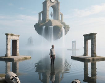 Arte de parede surrealista para imprimir | Torre do relógio em ilha flutuante | Download digital