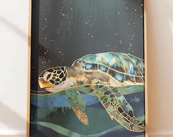 Sea Turtle Wall Art: Modern Coastal Decor with Gold Accents