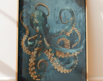 Octopus Wall Art: Coastal Ocean Scene - Gold Detail Artwork