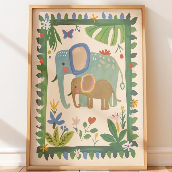 Bunter Kinderelefant-Kunst: Verspielte Mutter und Baby-Kinderzimmer-Druck