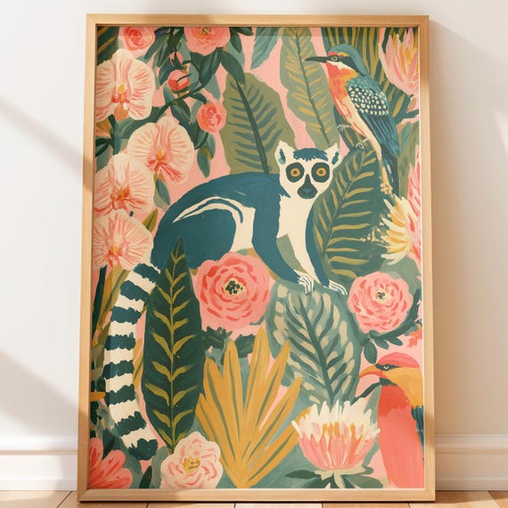 Ring-Tailed Lemur Jungle Illustration, Whimsical Storybook Art, Woodland Animals Nursery Decor, Vintage Botanical Print