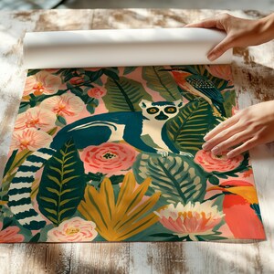 Whimsical woodland creatures wall art for kids room — colorful storybook illustration featuring lemur, kingfisher, and lush botanical botanicals
