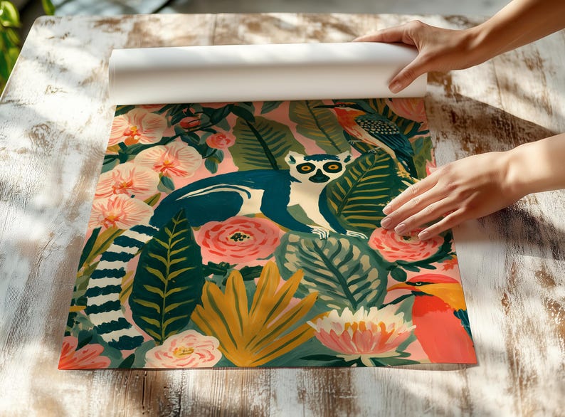 Whimsical woodland creatures wall art for kids room — colorful storybook illustration featuring lemur, kingfisher, and lush botanical botanicals