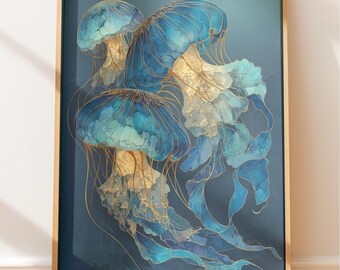Ocean Wall Art Print: Graceful Jellyfish - Coastal Blue Tones