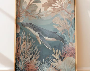 Whale Wall Art - Hand-Painted Style Ocean Illustration