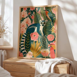 Ring-tailed lemur fine art print for nursery — vibrant tropical jungle with exotic birds and blooming flowers in warm pink and teal