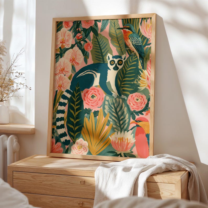 Ring-tailed lemur fine art print for nursery — vibrant tropical jungle with exotic birds and blooming flowers in warm pink and teal