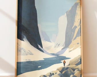Väggkonst med bergsäventyr, illustration av landskap med ensam vandrare, affisch med kustäventyrsutforskare - Tween Decor