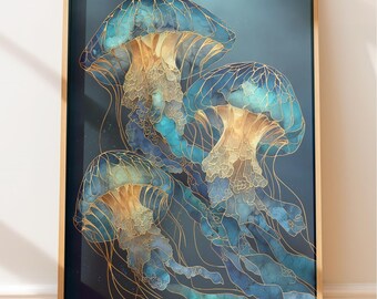 Coastal Jellyfish Art Print, Deep Teal and Amber (Nautical Theme)
