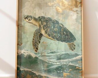 Sea Turtle Wall Art - Calm Ocean View with Subtle Gold Highlights