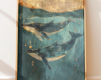 Whale Wall Art: Coastal Ocean Theme (Blue and Gold Tones)