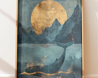 Whale Silhouette Wall Art: Coastal Design with Gold Foil Accents