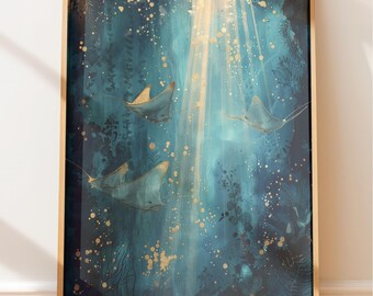 Coastal Stingray Wall Art, Ocean Blue Serenity (Multiple Sizes)