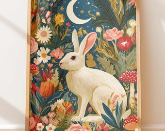 Whimsical White Rabbit Storybook Illustration, Woodland Night Garden Watercolor Wall Art