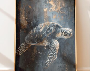 Sea Turtle Wall Art - Coastal Ocean Scene with Vintage Texture