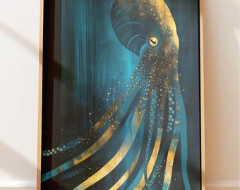 Octopus Wall Art: Teal and Gold Coastal Print (Ocean Inspired)