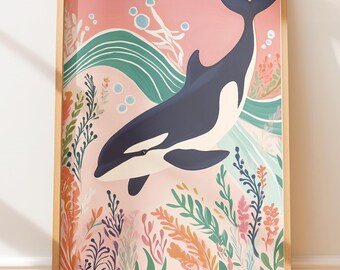 Orca Wildlife Art Print: Pastel Coastal Decor - Nursery Friendly