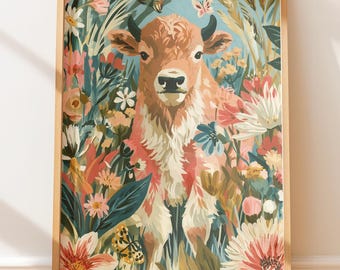 Woodland Baby Bison, Wildflowers Watercolor Illustration, Kids Room Decor