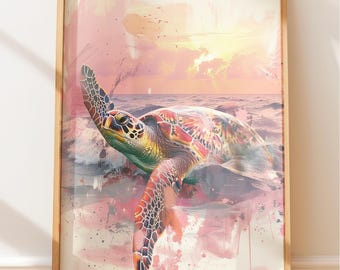 Sea Turtle Wall Art: Pastel Sunset Coastal Ocean Print