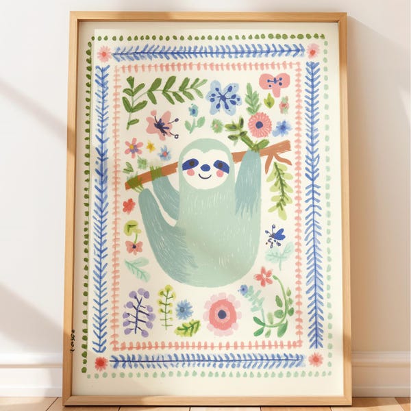 Niedliche Faultier-Kinderzimmer-Kunst - weiches Aquarell, verspieltes Kinderdekor