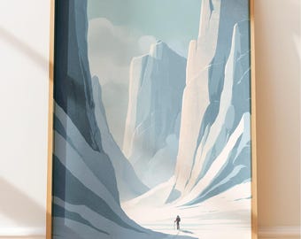 Minimalistisk glaciärutforskare, bergsäventyrsväggkonst, skandinavisk naturillustration - Tween Decor