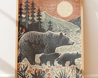 Rustic Folk Style Bear Family Linocut Art - Native Style Folk Art, Retro Wall Art, Outdoors Aesthetic, Folk Wall Decor, Vintage Print