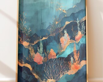 Coral Reef Print: Coastal Ocean Art (Teal and Gold Palette)