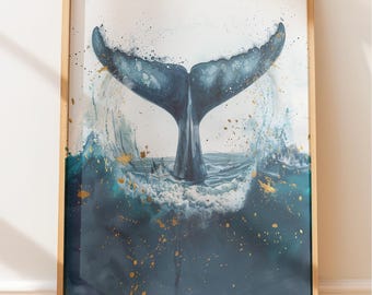 Whale Tail Wall Art: Coastal Ocean Print with Gold Splatter